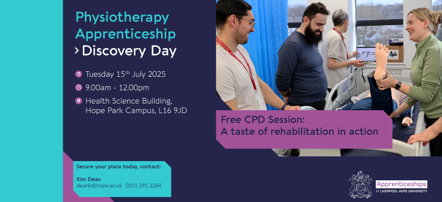 Image on the right depicts a group of physiotherapists around a hospital bed, learning from a lecturer who is demonstrating techniques on a practice dummy. The event details surround the image in text and graphics.